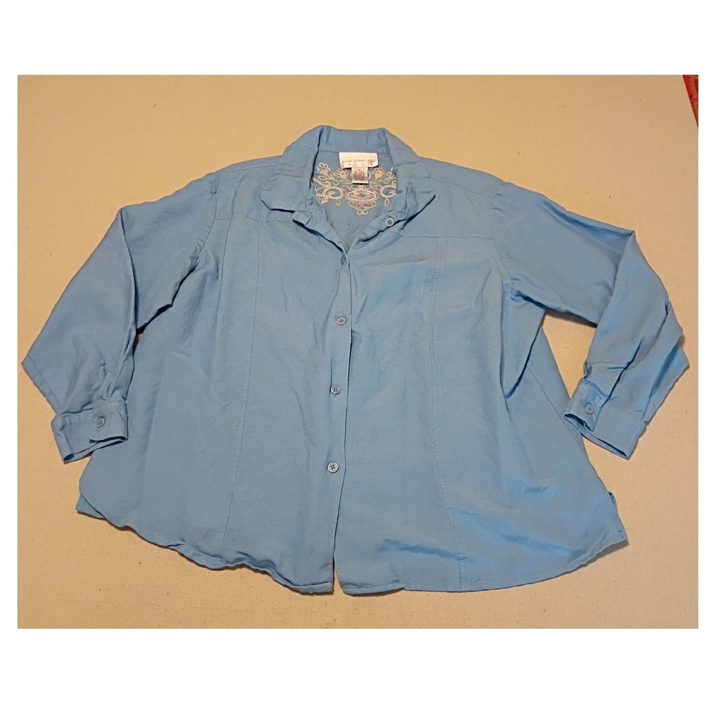 Susan Graver Style Blue Linen Rayon Embroidered Button Down Shirt 1X Floral Bead